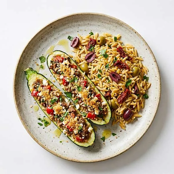 Mediterranean Stuffed Zucchini with Toasted Orzo Pasta & Olives
